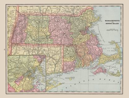 Historic State Map - Massachusetts Rhode Island - Cram 1892 - 30.38 x 23 - Vintage Wall Art