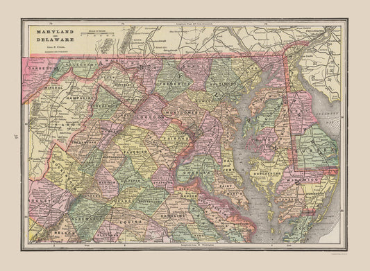 Historic State Map - Maryland Delaware - Cram 1892 - 31.38 x 23 - Vintage Wall Art