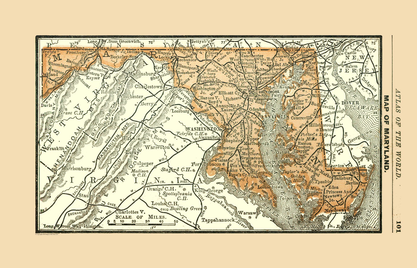 Historic State Map - Maryland - Alden 1886 - 35.81 x 23 - Vintage Wall Art