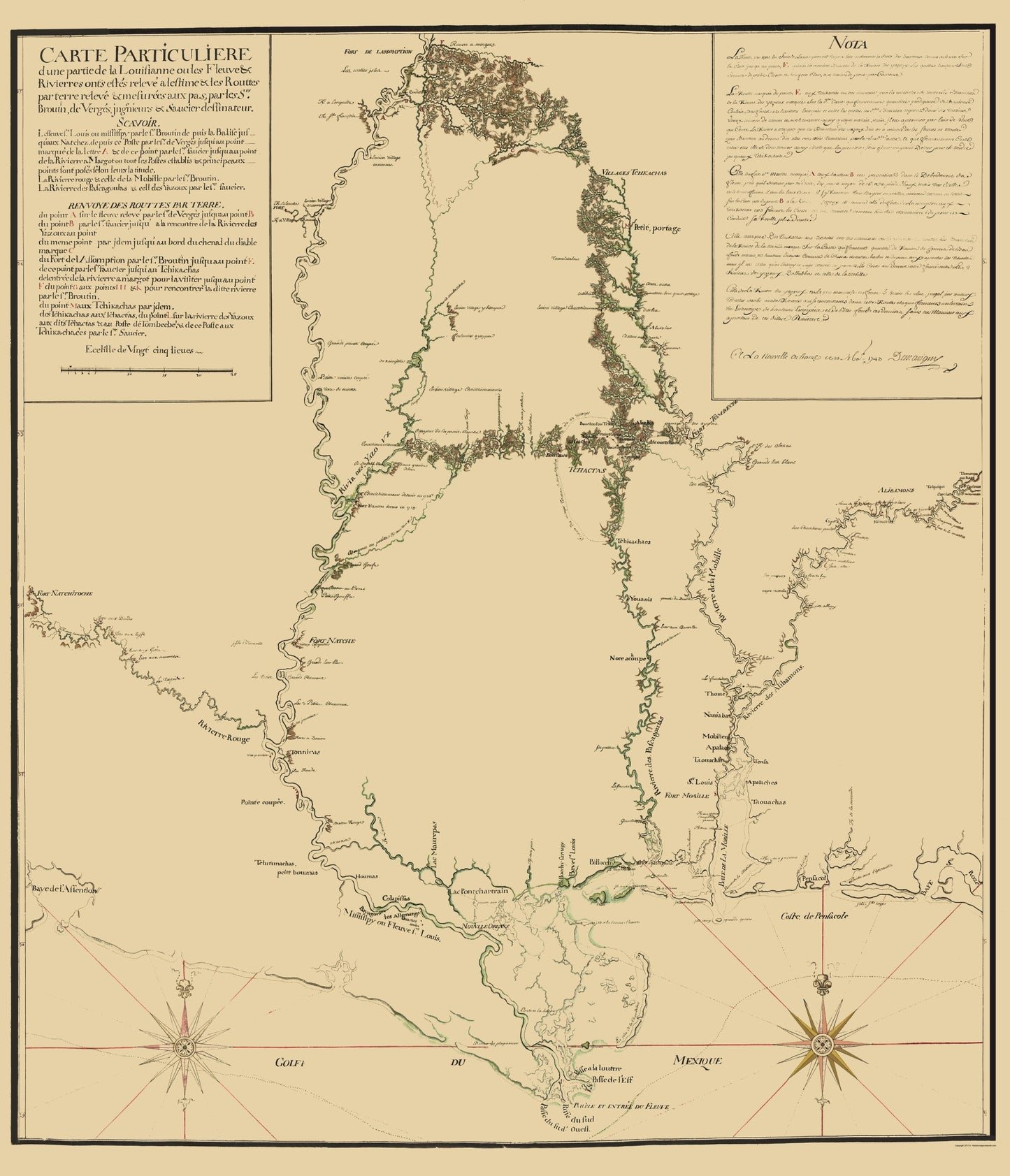 Historic State Map - Mississippi River Fort Le Assumption - Demarigny 1743 - 23 x 26 - Vintage Wall Art