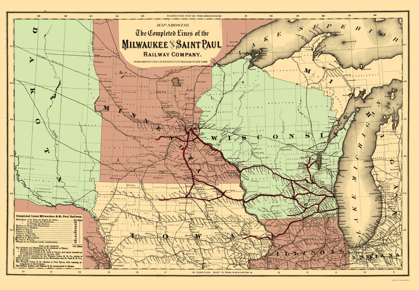 Railroad Map - Milwaukee and Saint Paul Railway - Colton 1872 - 23 x 33.23 - Vintage Wall Art