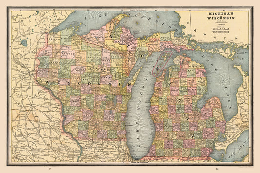 Historic State Map - Michigan Wisconsin - Cram 1888 - 34.42 x 23 - Vintage Wall Art