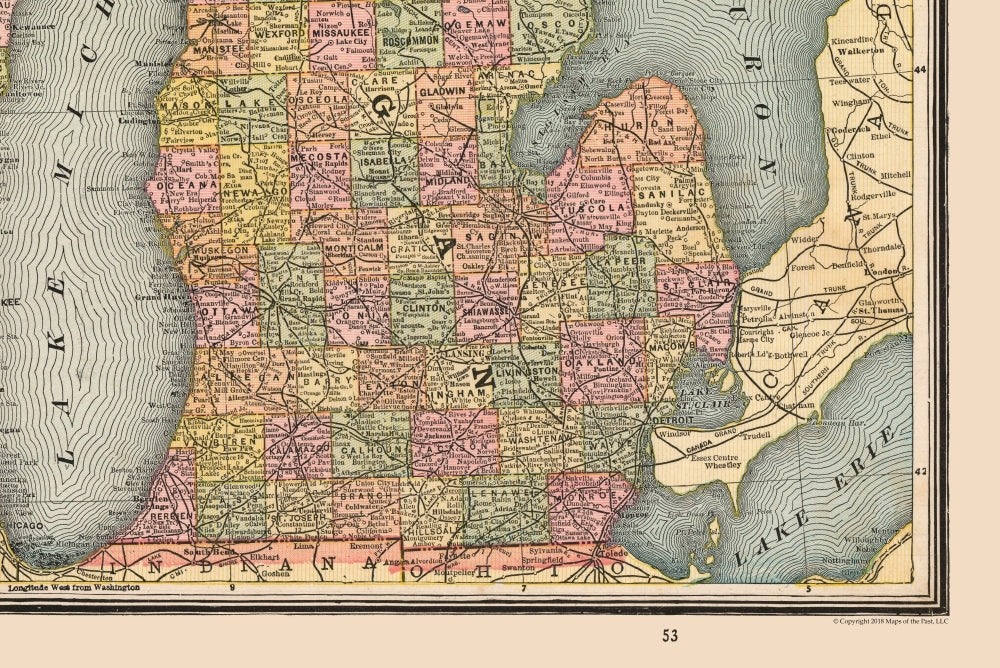 Historic State Map - Michigan Wisconsin - Cram 1888 - 34.42 x 23 - Vintage Wall Art