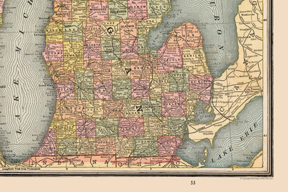 Historic State Map - Michigan Wisconsin - Cram 1888 - 34.42 x 23 - Vintage Wall Art