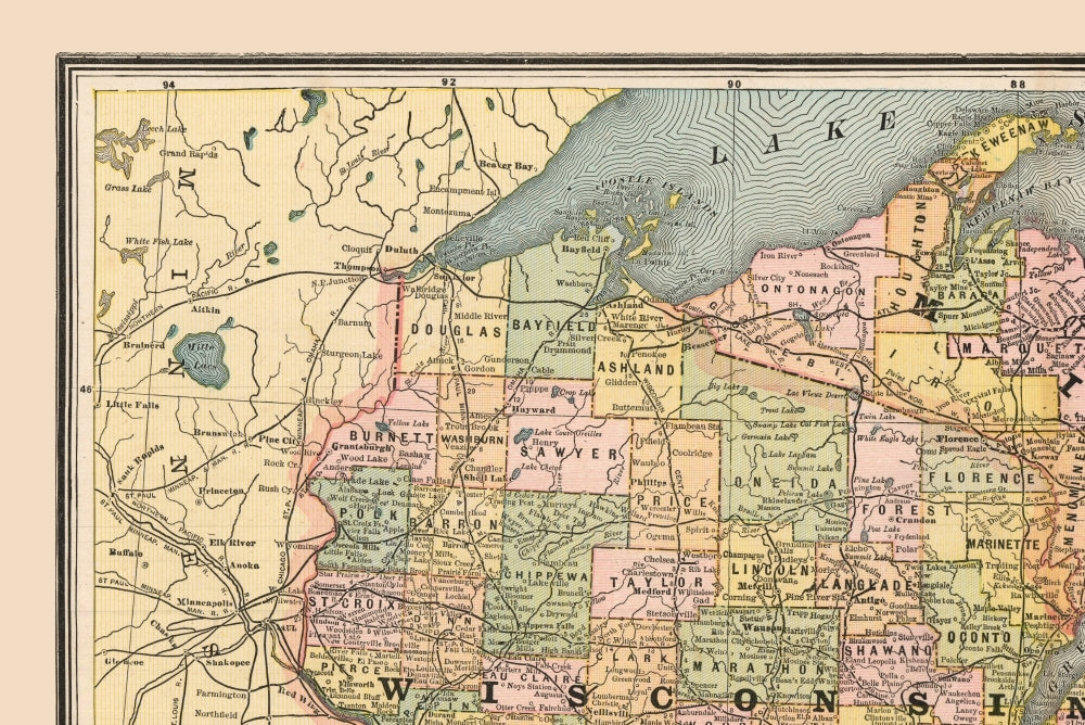 Historic State Map - Michigan Wisconsin - Cram 1888 - 34.42 x 23 - Vintage Wall Art