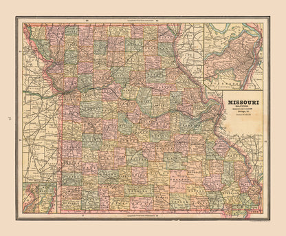 Historic State Map - Missouri - Cram 1888 - 27.92 x 23 - Vintage Wall Art