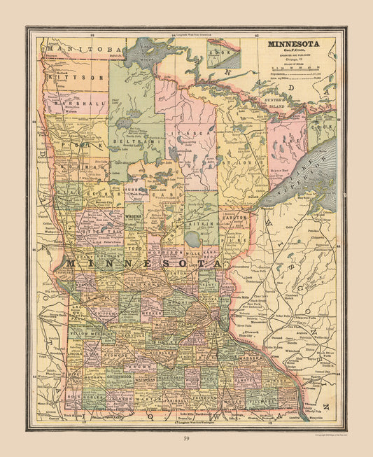 Historic State Map - Minnesota - Cram 1888 - 23 x 28.19 - Vintage Wall Art