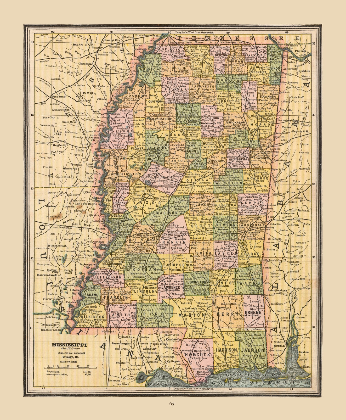 Historic State Map - Mississippi - Cram 1888 - 23 x 27.94 - Vintage Wall Art