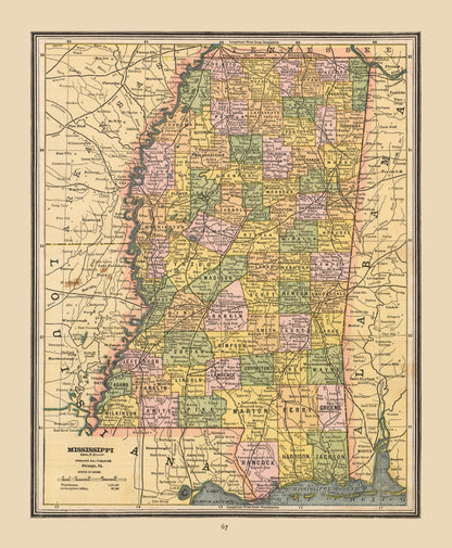 Historic State Map - Mississippi - Cram 1888 - 23 x 27.94 - Vintage Wall Art