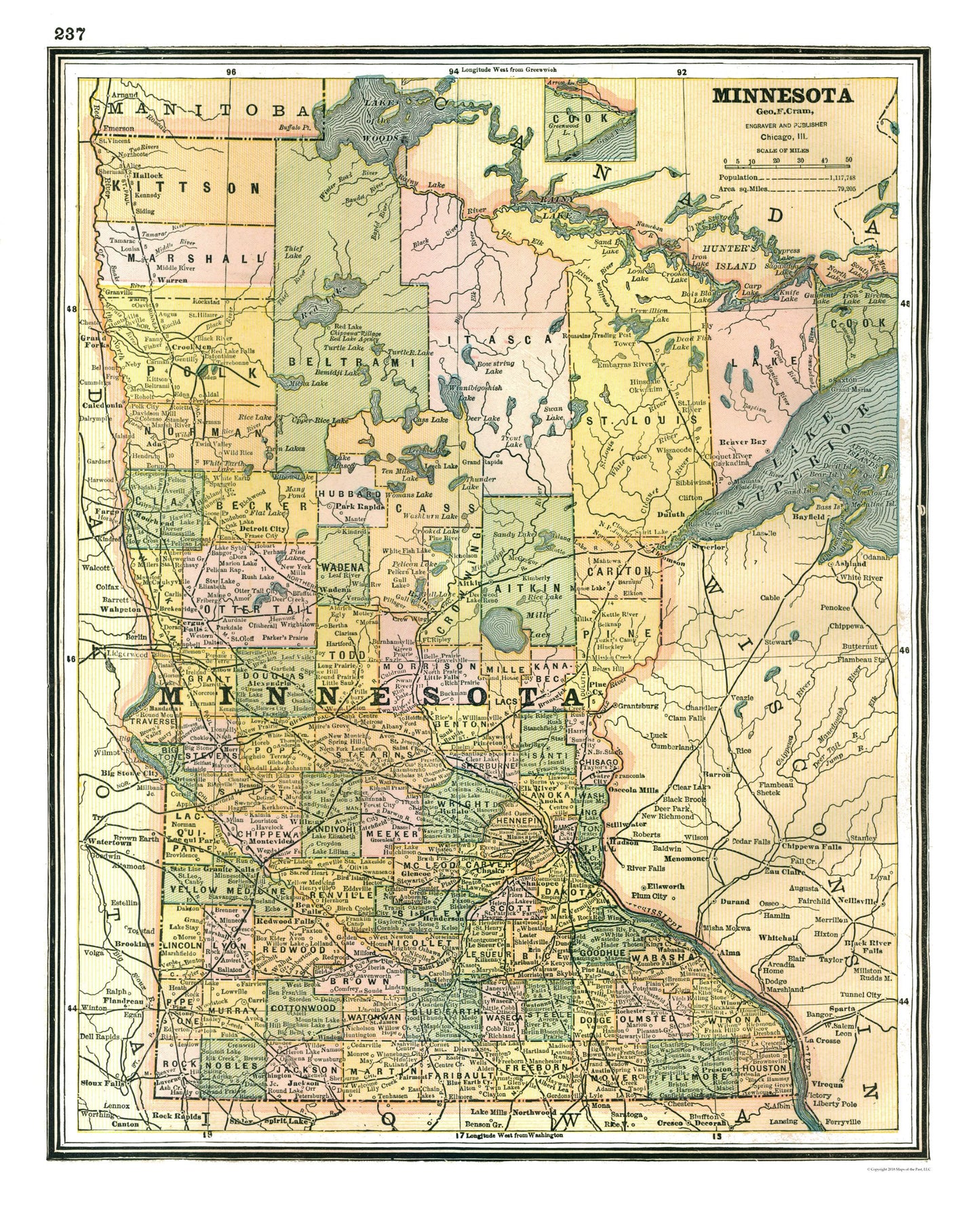 Historic State Map - Minnesota - Johnson 1888 - 23 x 28.27 - Vintage Wall Art