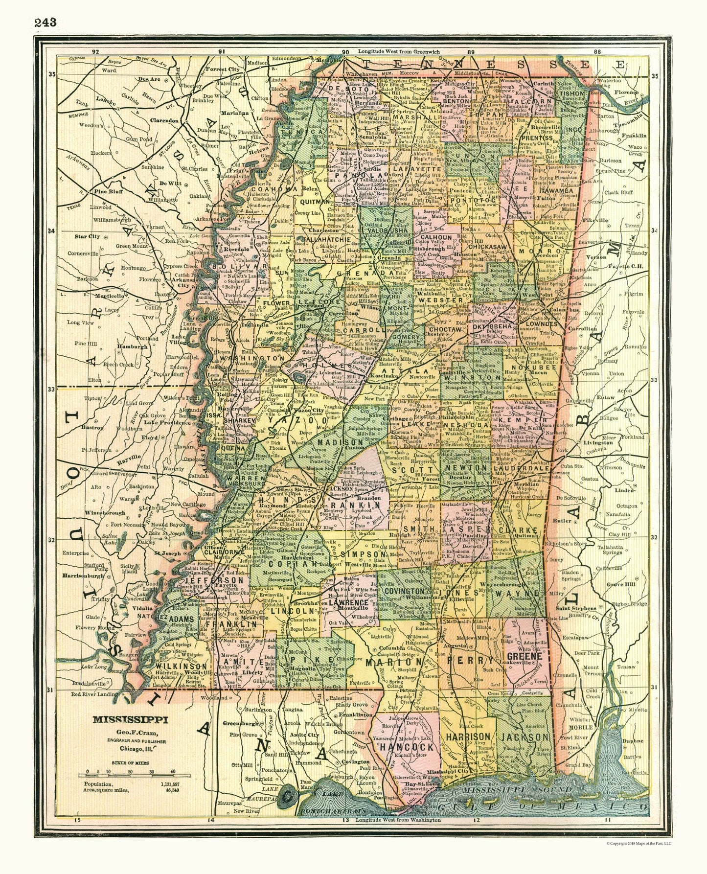 Historic State Map - Mississippi - Johnson 1888 - 23 x 28.43 - Vintage Wall Art