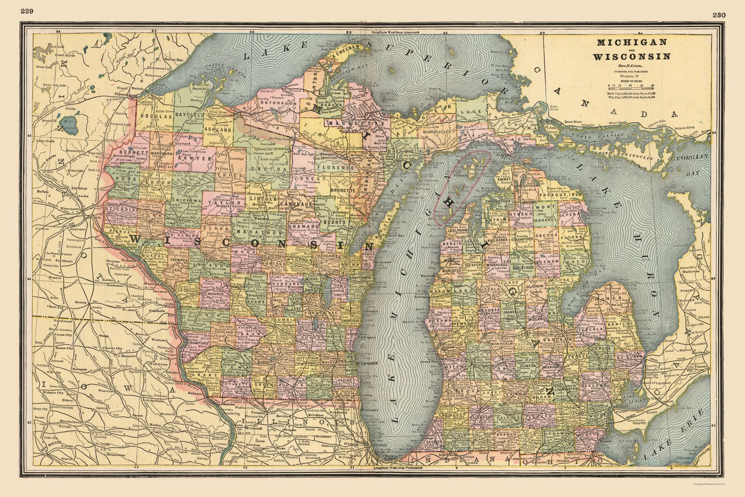 Wisconsin Michigan Area Historic State Map - Michigan Wisconsin - Johnson 1888 - 34.49 x 23 ...