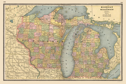 Historic State Map - Michigan Wisconsin - Johnson 1888 - 34.49 x 23 - Vintage Wall Art