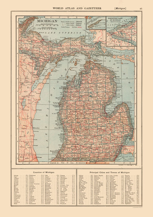 Historic State Map - Michigan - Reynold 1921 - 23 x 32.50 - Vintage Wall Art