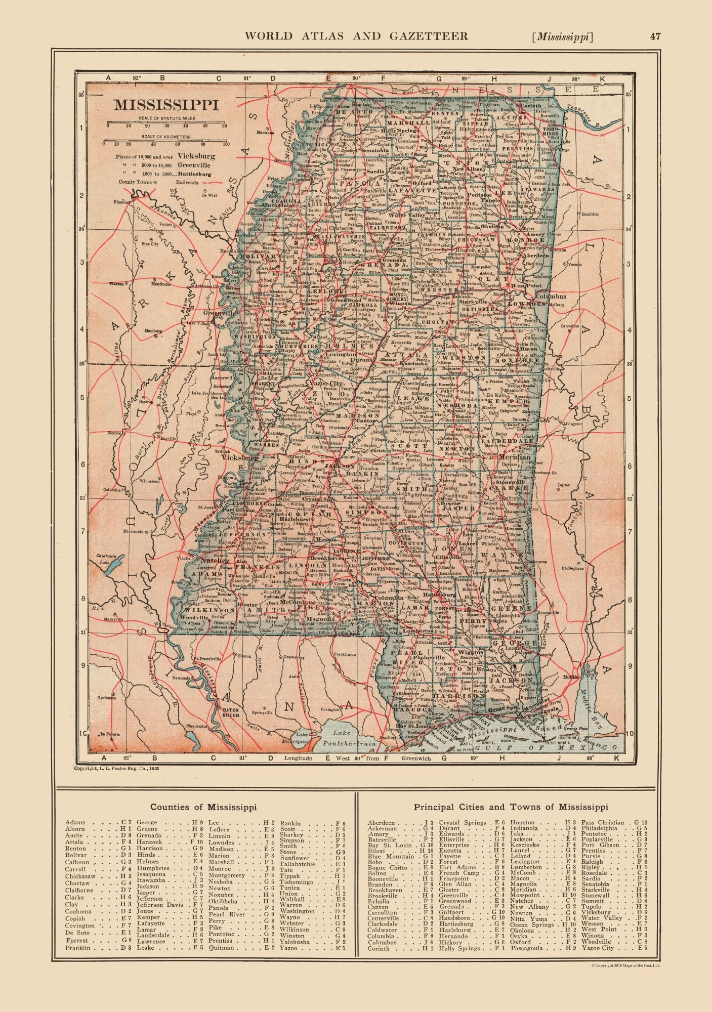 Historic State Map - Mississippi - Reynold 1921 - 23 x 32.69 - Vintage Wall Art