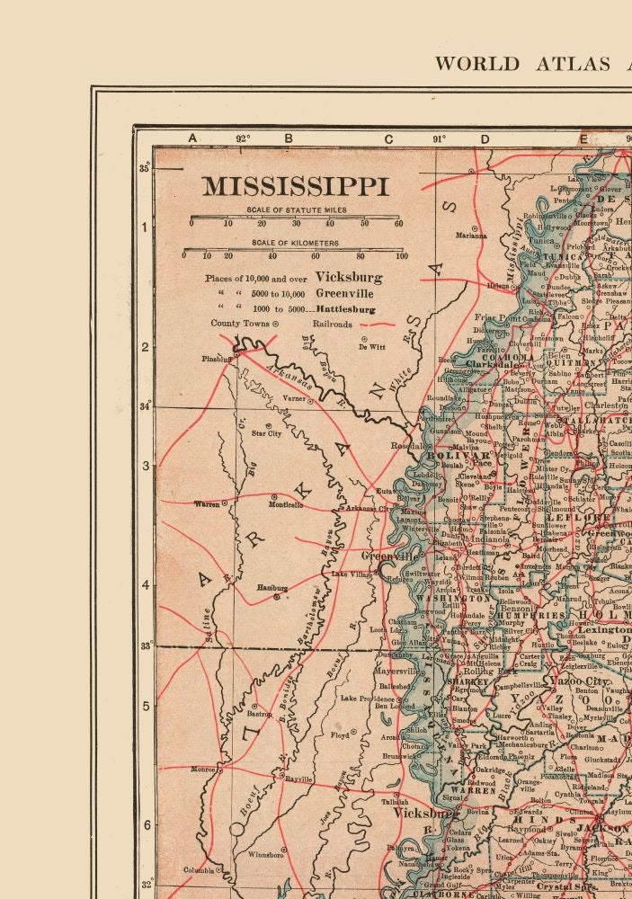 Historic State Map - Mississippi - Reynold 1921 - 23 x 32.69 - Vintage Wall Art