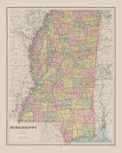 Historic State Map - Mississippi - Cram 1892 - 23 x 28.80 - Vintage Wall Art