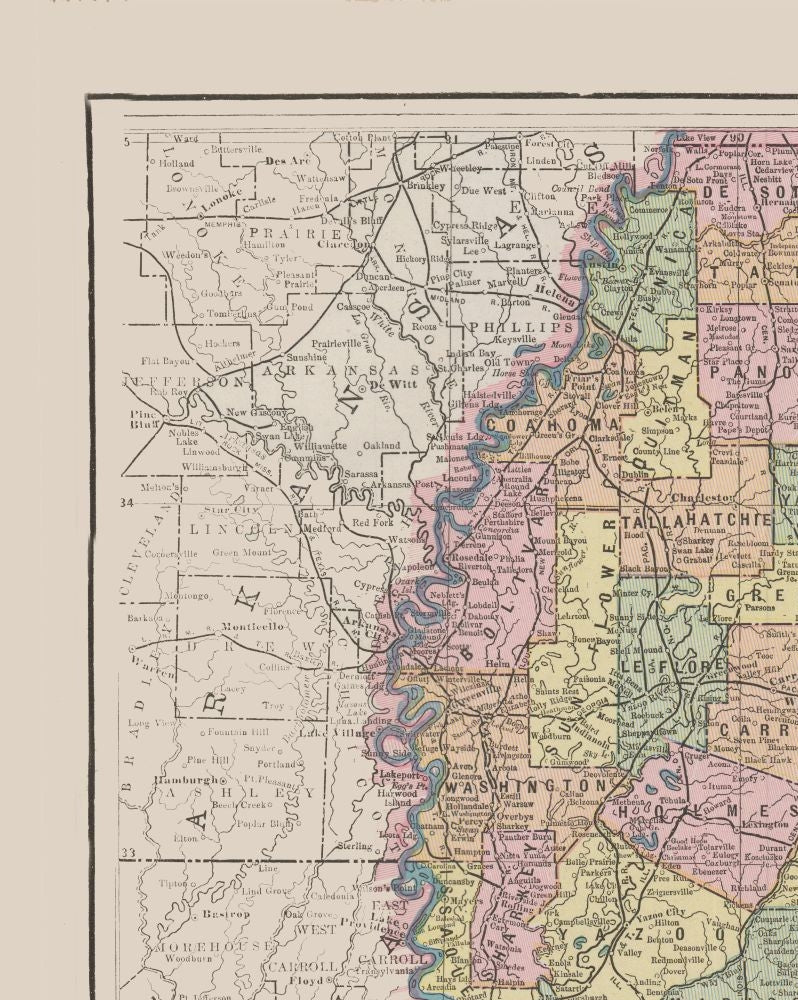 Historic State Map - Mississippi - Cram 1892 - 23 x 28.80 - Vintage Wall Art