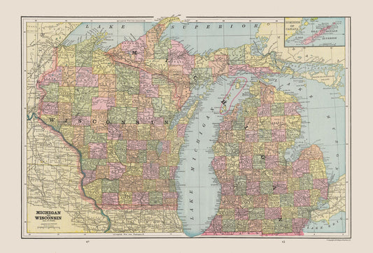 Historic State Map - Michigan Wisconsin - Cram 1892 - 33.87 x 23 - Vintage Wall Art