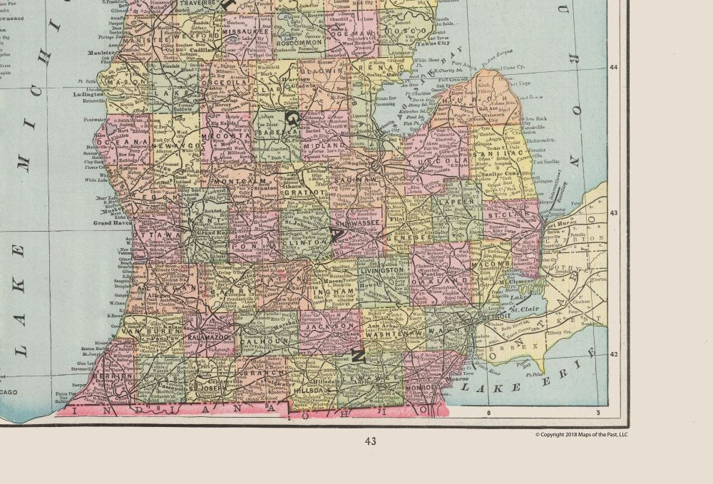 Historic State Map - Michigan Wisconsin - Cram 1892 - 33.87 x 23 - Vintage Wall Art