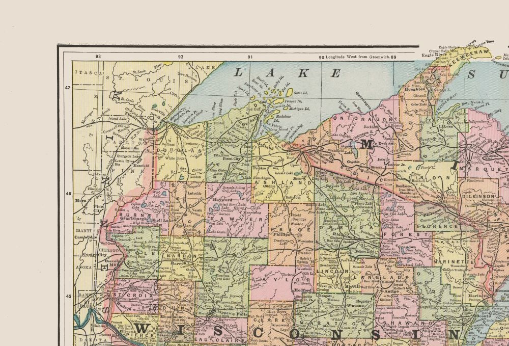 Historic State Map - Michigan Wisconsin - Cram 1892 - 33.87 x 23 - Vintage Wall Art