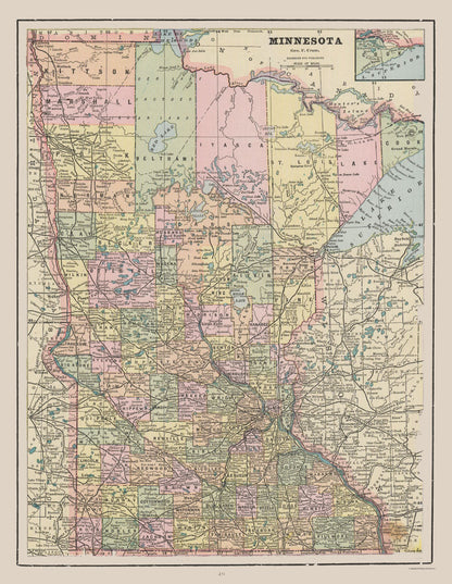 Historic State Map - Minnesota - Cram 1892 - 23 x 29.71 - Vintage Wall Art