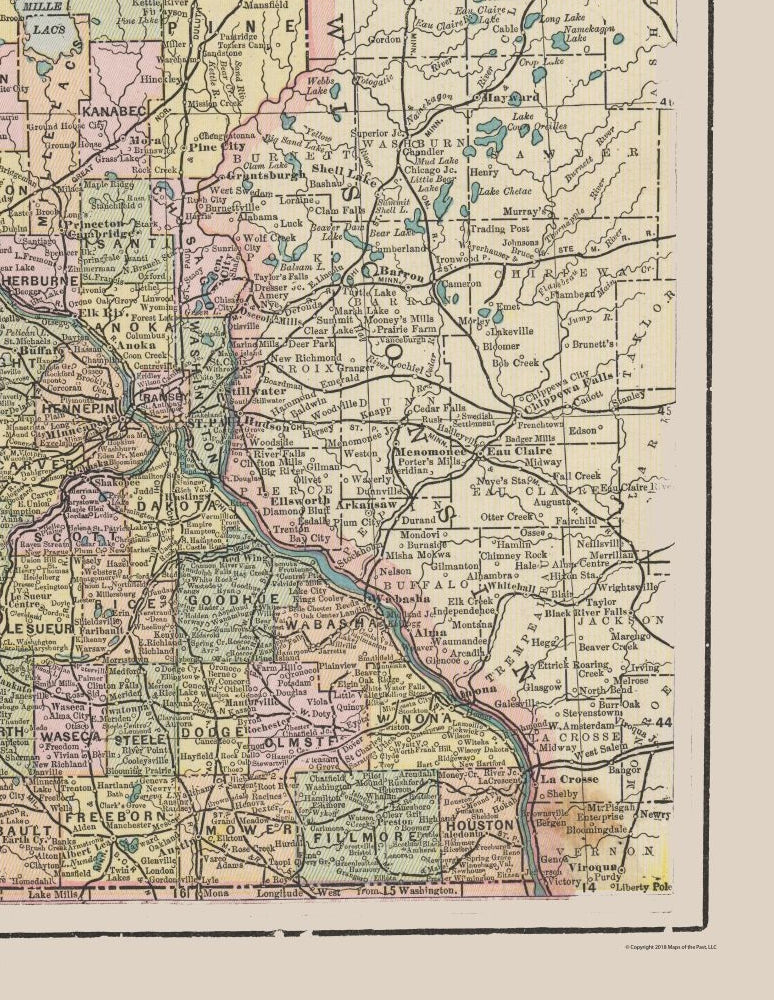 Historic State Map - Minnesota - Cram 1892 - 23 x 29.71 - Vintage Wall Art