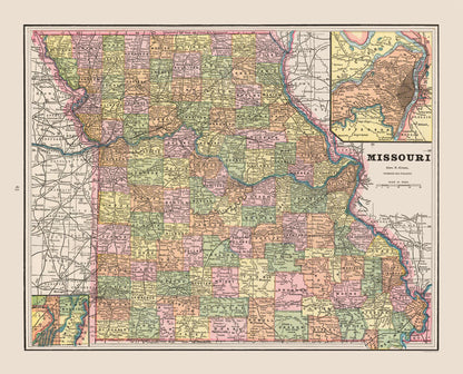 Historic State Map - Missouri - Cram 1892 - 28.47 x 23 - Vintage Wall Art