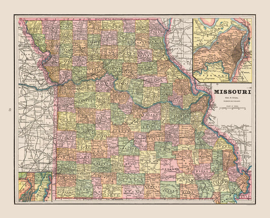 Historic State Map - Missouri - Cram 1892 - 28.47 x 23 - Vintage Wall Art