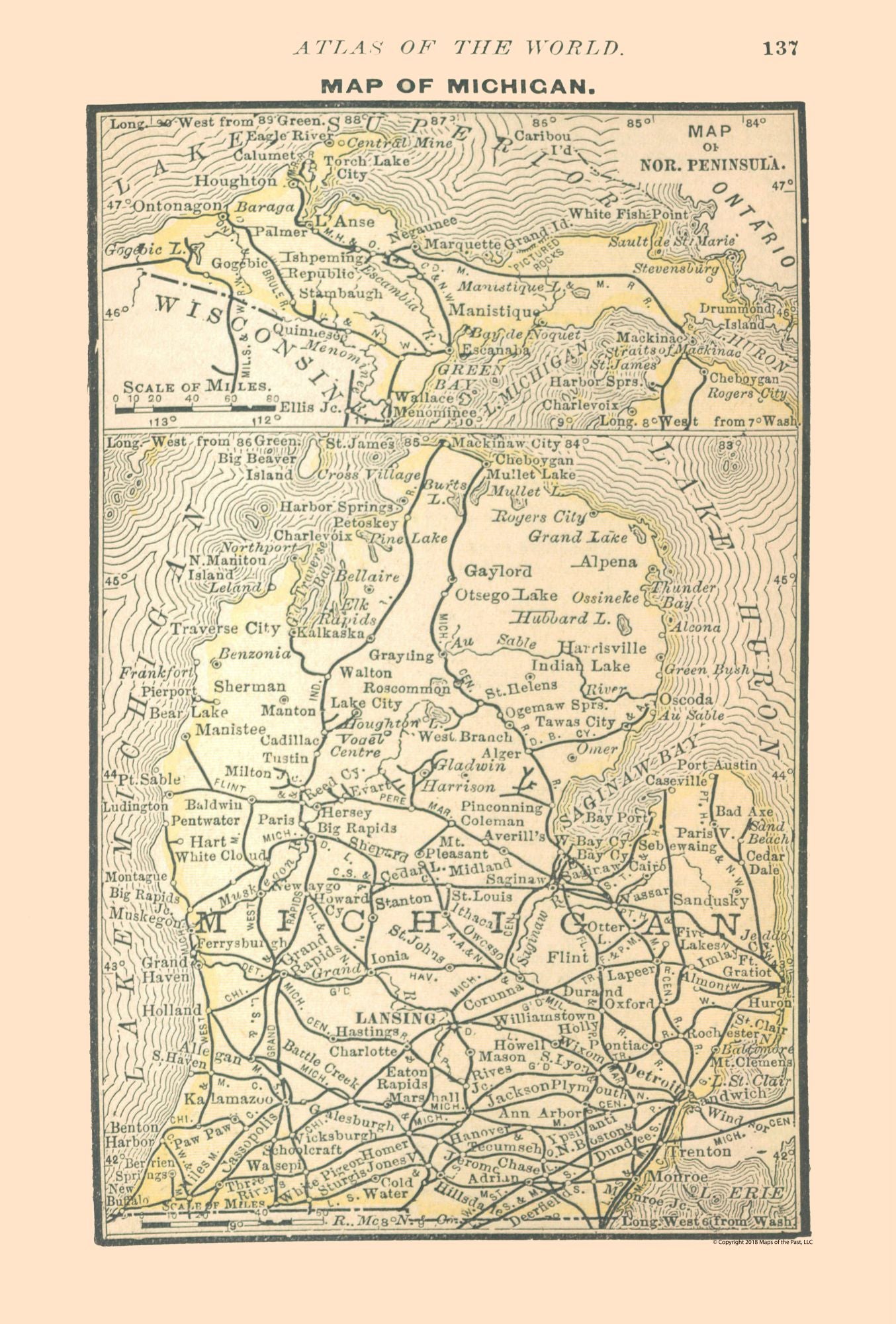 Historic State Map - Michican - Alden 1886 - 23 x 33.97 - Vintage Wall Art