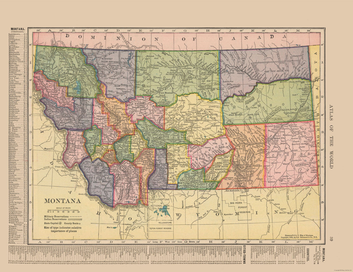 Historic State Map - Montana - Hammond 1910 - 29.85 x 23 - Vintage Wall Art