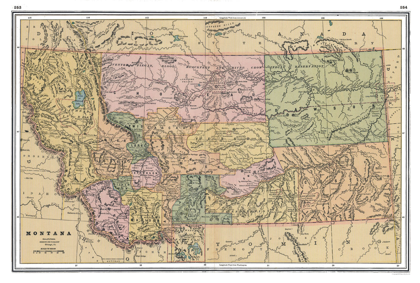 Historic State Map - Montana - Johnson 1888 - 43.05 x 23 - Vintage Wall Art