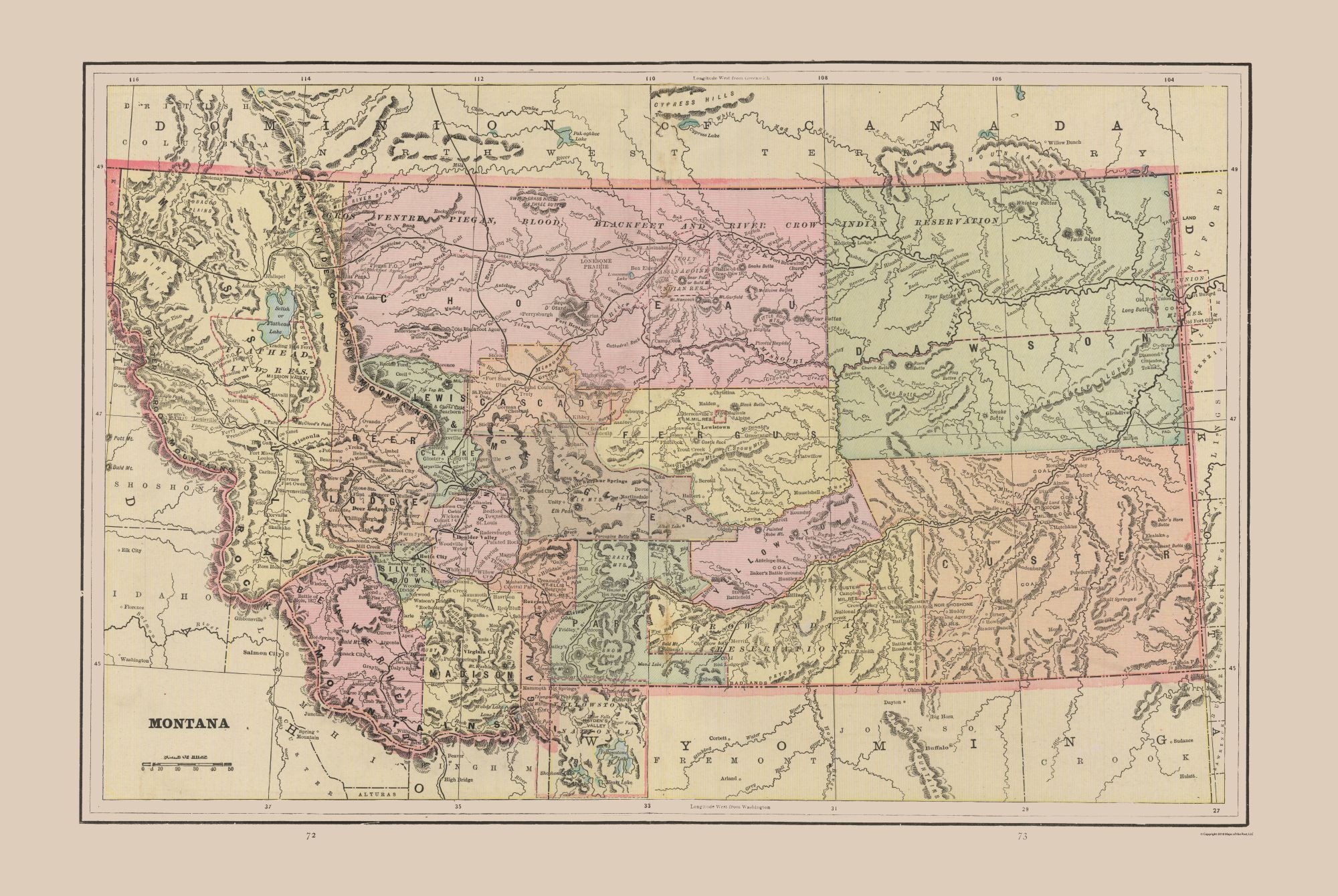 Historic State Map - Montana - Cram 1892 - 34.32 x 23 - Vintage Wall A ...