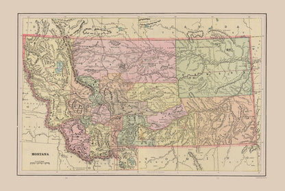 Historic State Map - Montana - Cram 1892 - 34.32 x 23 - Vintage Wall Art