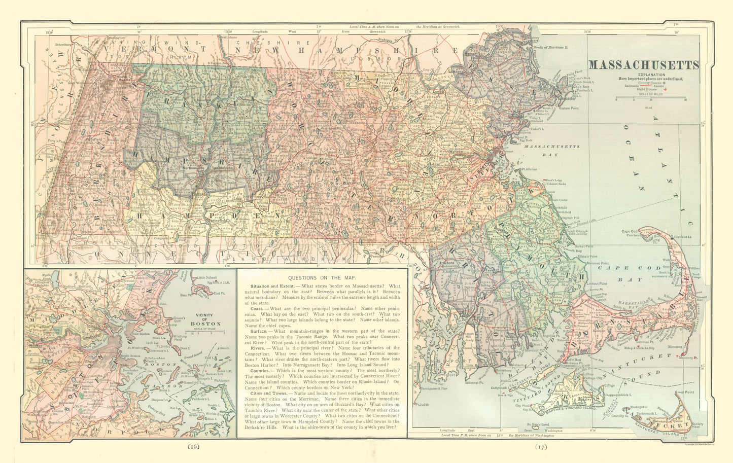 Historic State Map - Massachusetts - Monteith 1882 - 36.41 x 23 - Vintage Wall Art