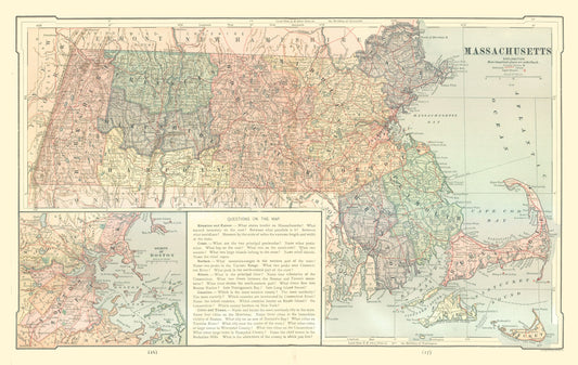 Historic State Map - Massachusetts - Monteith 1882 - 36.41 x 23 - Vintage Wall Art