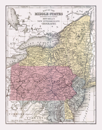 Historic State Map - Middle States - Mitchell 1877 - 23 x 29.33 - Vintage Wall Art