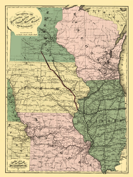 Railroad Map - Burlington Cedar Rapids and Minnesota Railway - Colton 1868 - 23 x 30 - Vintage Wall Art
