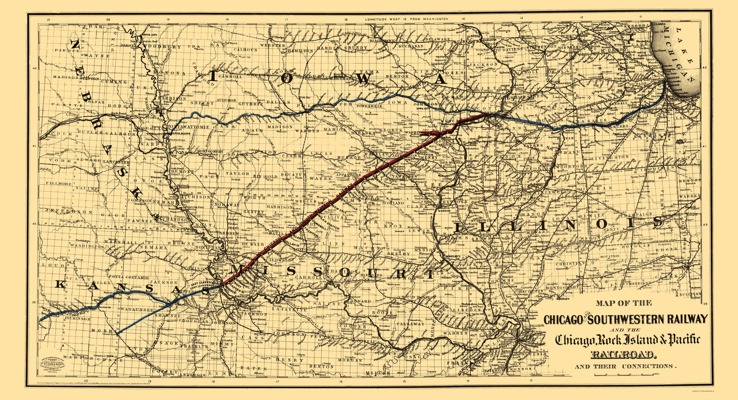 Railroad Map - Chicago and Southwestern Railway - Colton 1869 - 23 x 42.37 - Vintage Wall Art