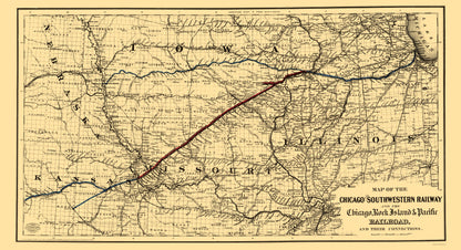 Railroad Map - Chicago and Southwestern Railway - Colton 1869 - 23 x 42.37 - Vintage Wall Art