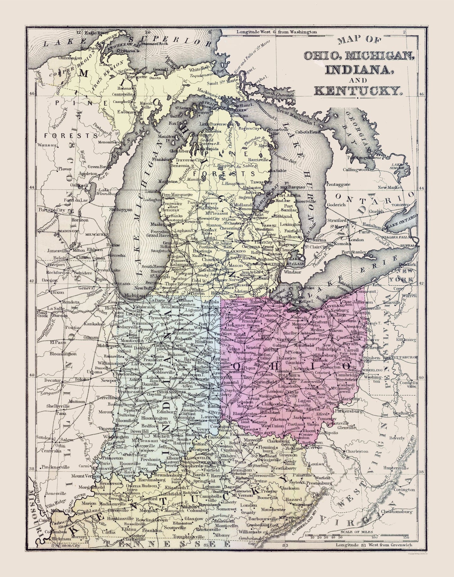 Historic State Map - Ohio Michigan Indiana Kentucky - Mitchell 1877 - 23 x 29.28 - Vintage Wall Art