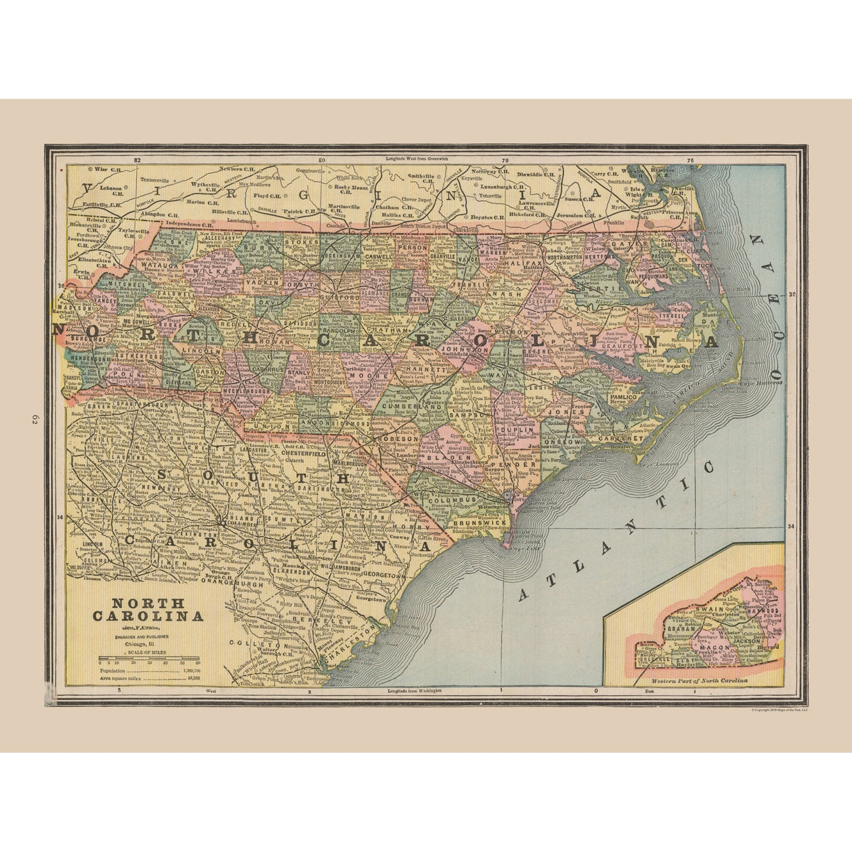 Historic State Map - North Carolina - Cram 1888 - Vintage Wall Art ...
