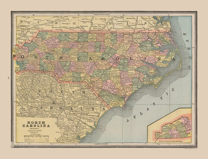 Historic State Map - North Carolina - Cram 1888 - 29.96 x 23 - Vintage Wall Art