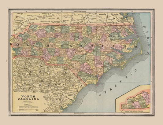 Historic State Map - North Carolina - Cram 1888 - 29.96 x 23 - Vintage Wall Art