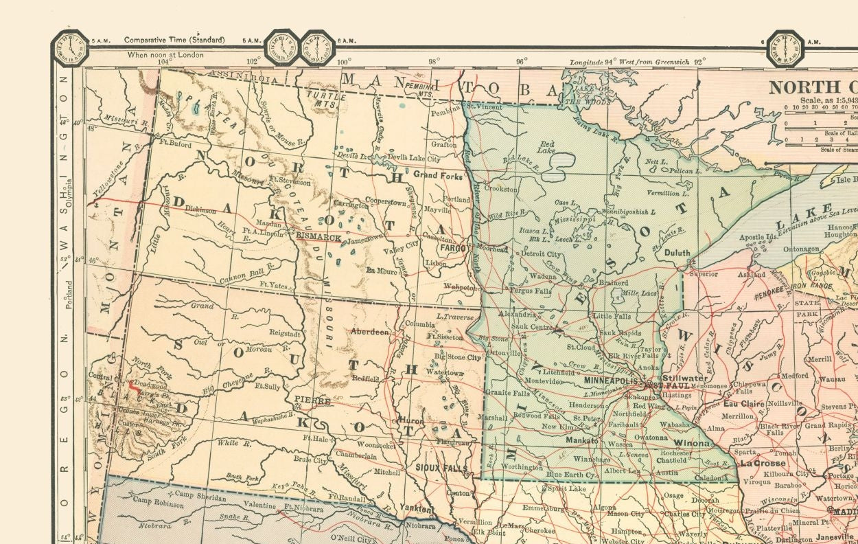 Historic State Map - North Central States - Monteith 1882 - 36.29 x 23 - Vintage Wall Art