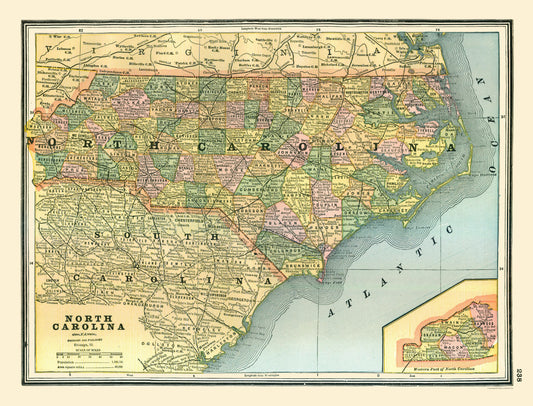 Historic State Map - North Carolina - Johnson 1888 - 30.23 x 23 - Vintage Wall Art