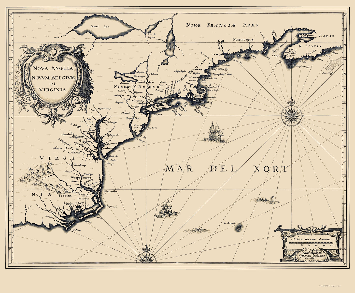 Historic State Map - New England Virginia Dutch Map - Janbonius 1642 - 23 x 27.91 - Vintage Wall Art