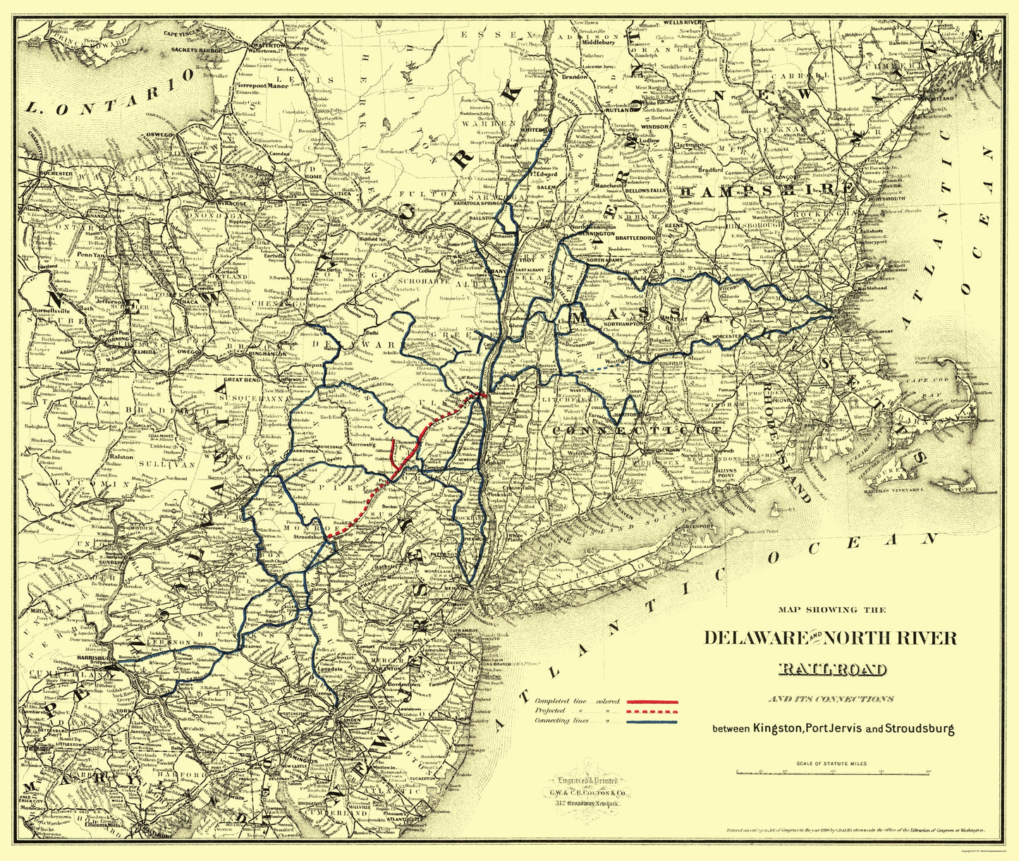 Railroad Map - Delaware and North River Railroad - Colton 1890 - 23 x 27 - Vintage Wall Art