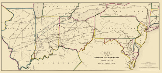 Railroad Map - Evansville and Crawfordsville Railroad - Lellan 1850 - 23 x 51 - Vintage Wall Art