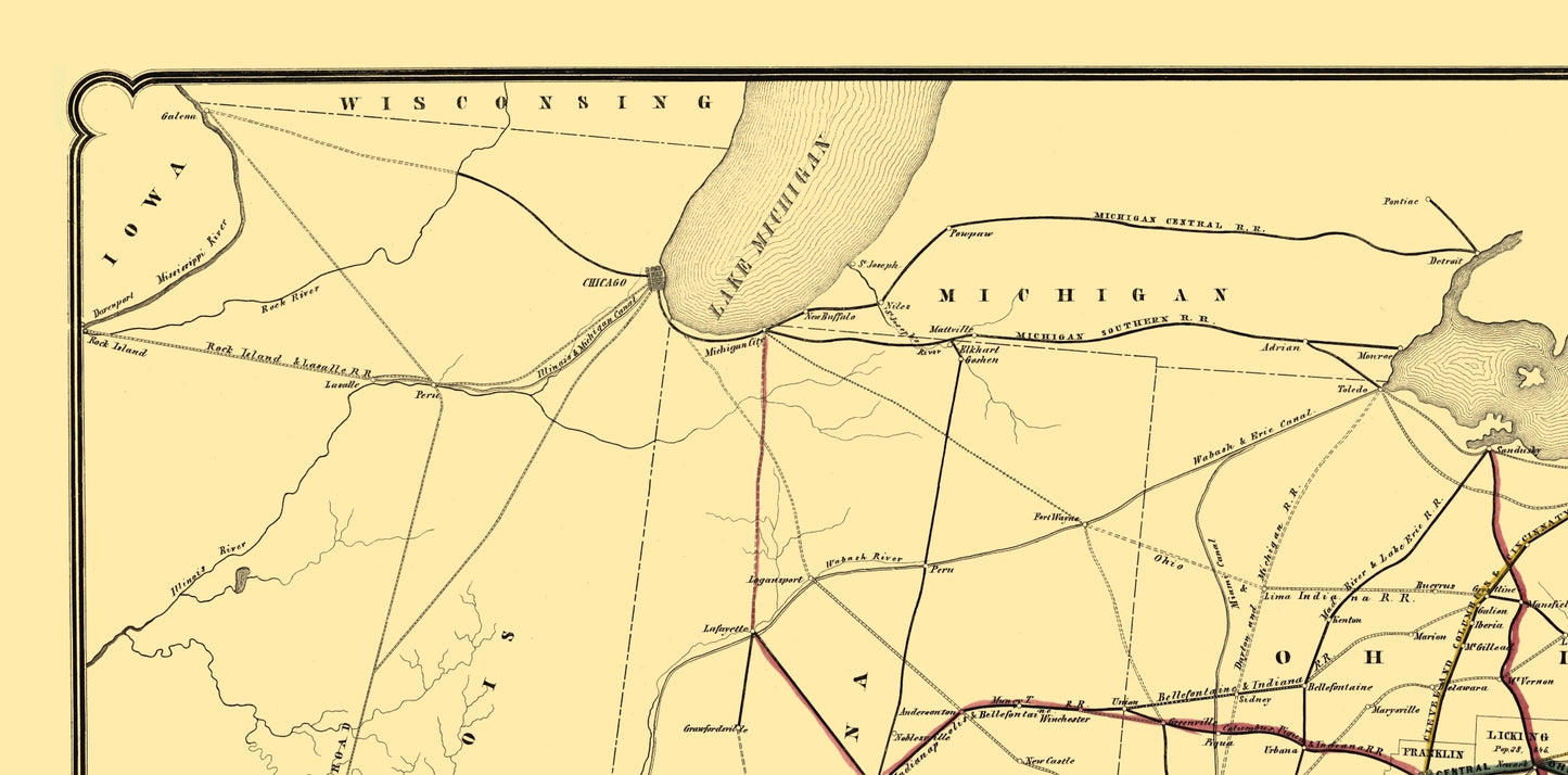 Railroad Map - Great Central Railway West - Schuchman 1854 - 23 x 46 - Vintage Wall Art